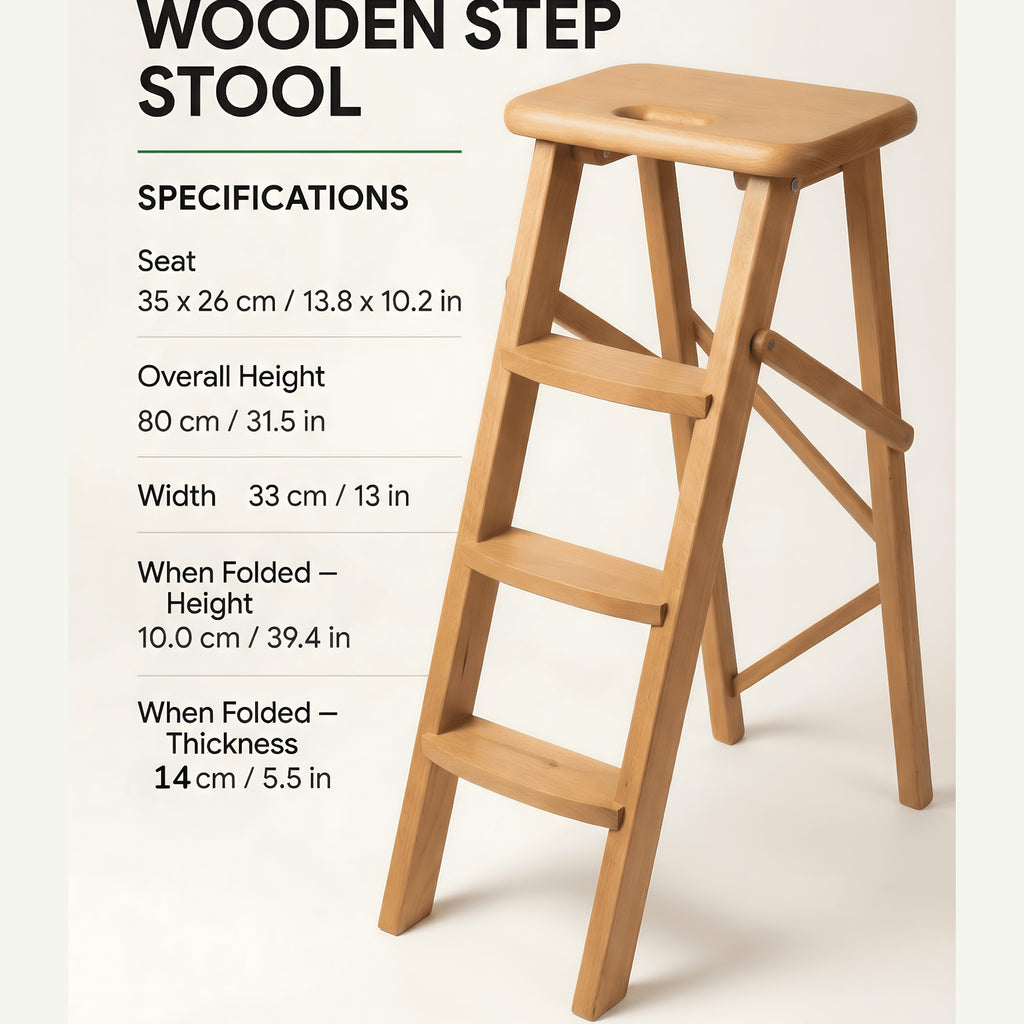 Ladder Chair 80 cm (31.5 in) – Handcrafted Folding Wooden Step Stool Chair, Brown