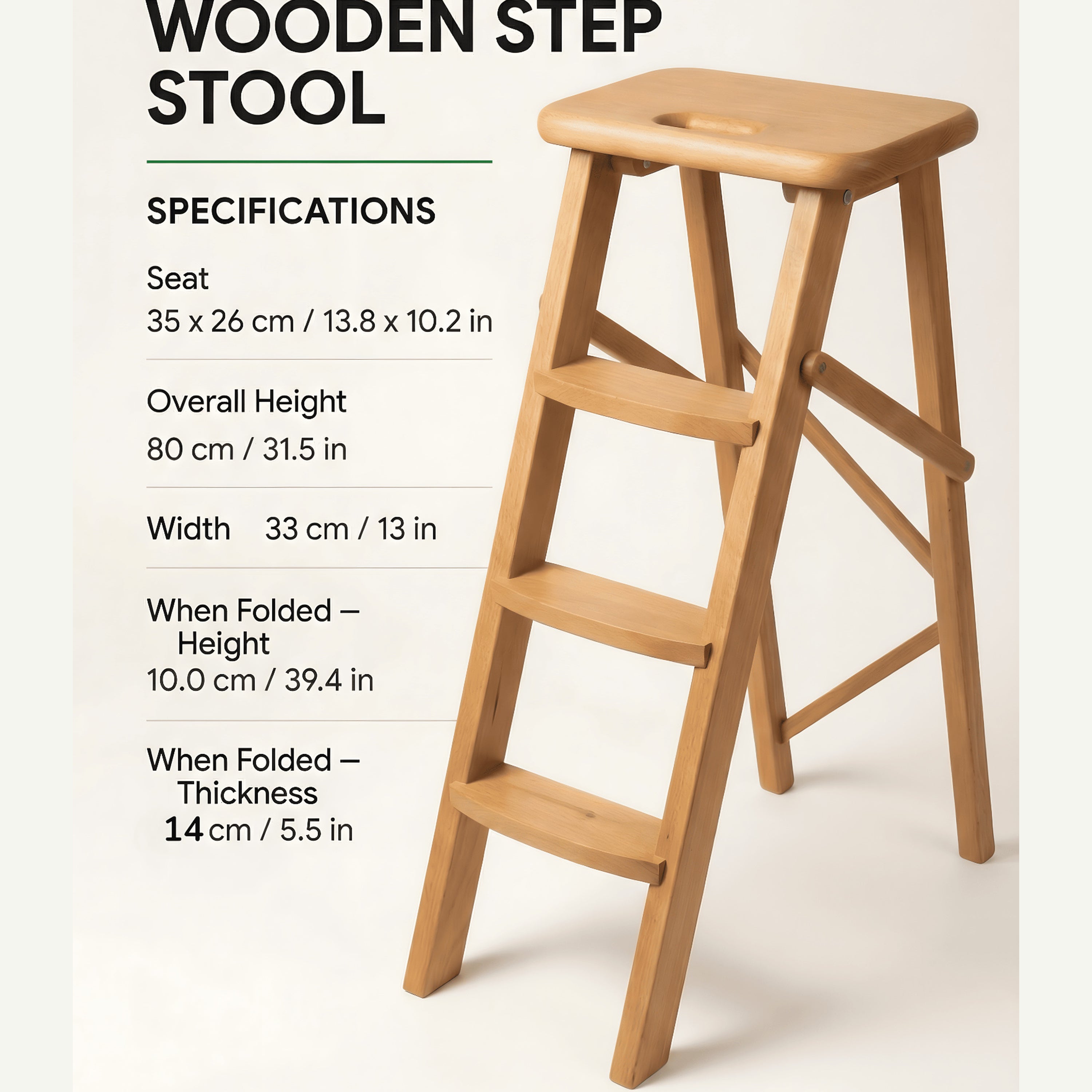 Ladder Chair 80 cm (31.5 in) – Handcrafted Folding Wooden Step Stool Chair, Black