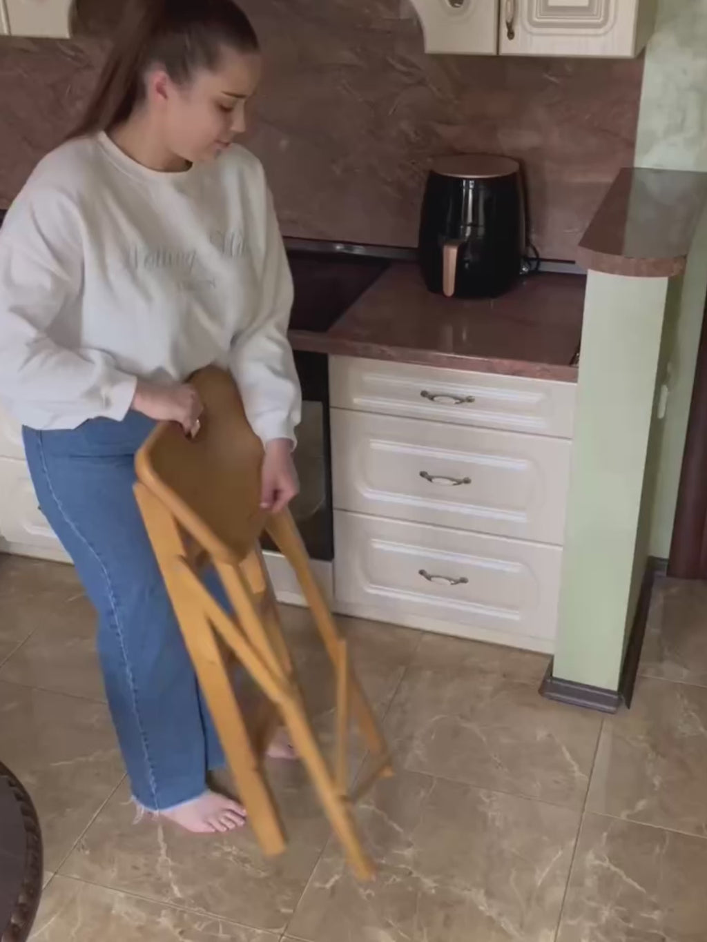 Ladder Chair 80 cm (31.5 in) – Handcrafted Folding Wooden Step Stool Chair, Brown