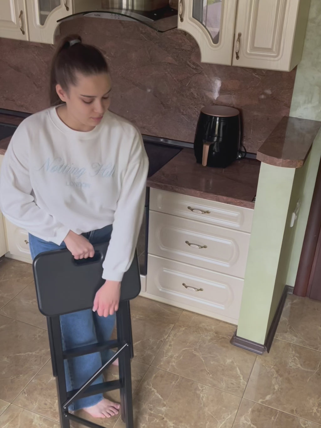 Ladder Chair 80 cm (31.5 in) – Handcrafted Folding Wooden Step Stool Chair, Black